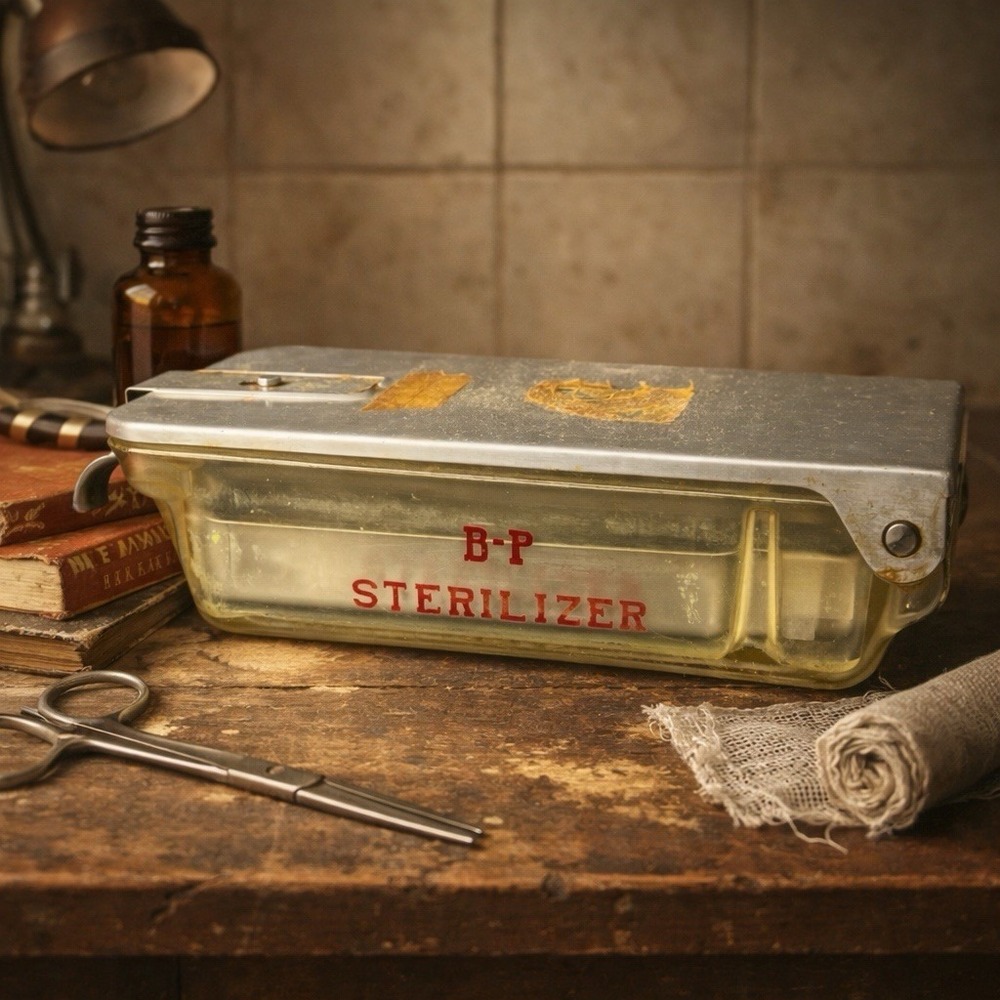 ANTIQUE BP Pyrex Glass BP Sterilizer Medical Dental Barber Instrument Latch Tray